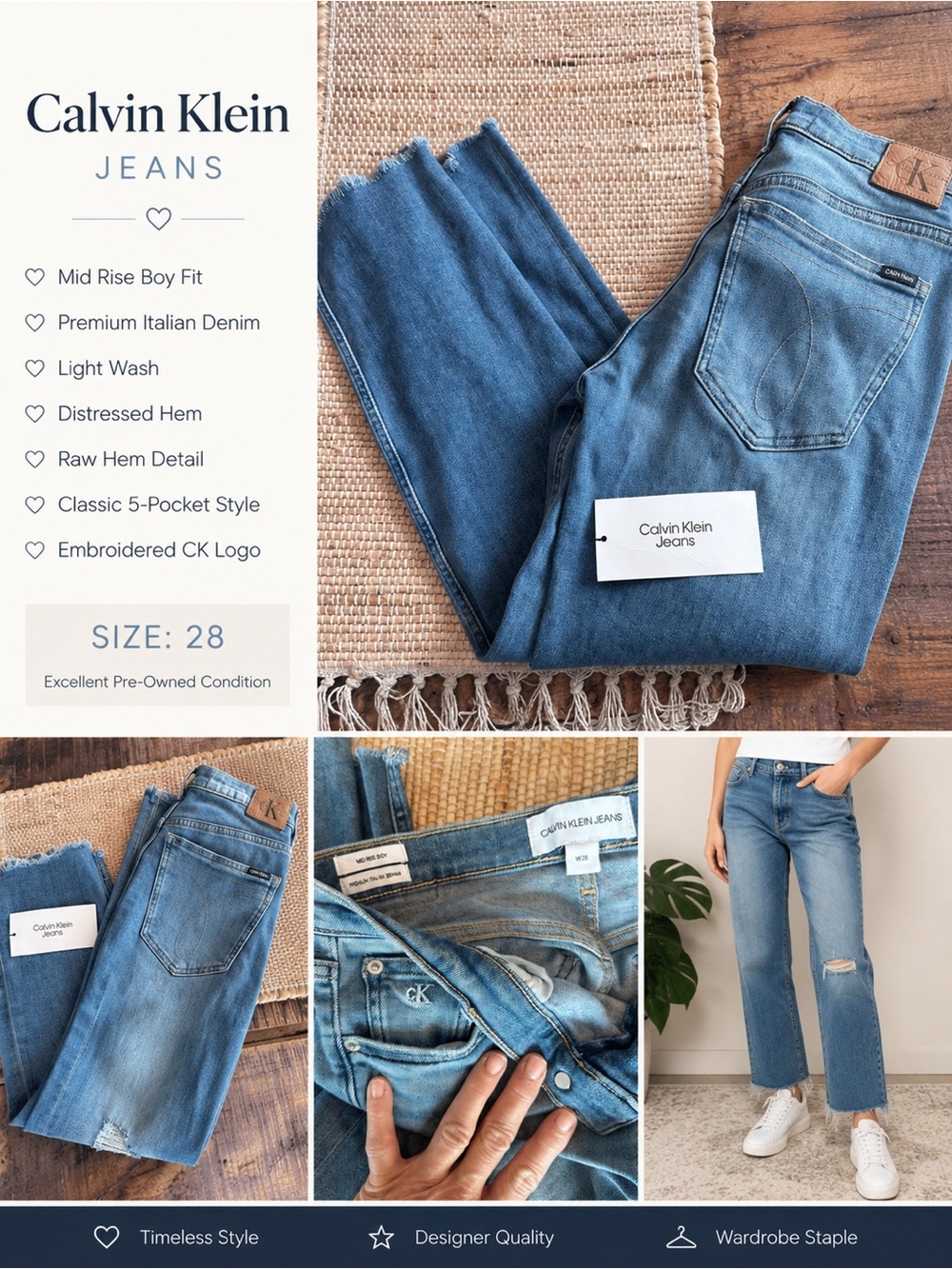 Calvin Klein Light Blue Boyfriend Jeans with Distressed Hem